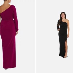 Long sleeve one shoulder with side ruching detail snd side slit in Magenta!
